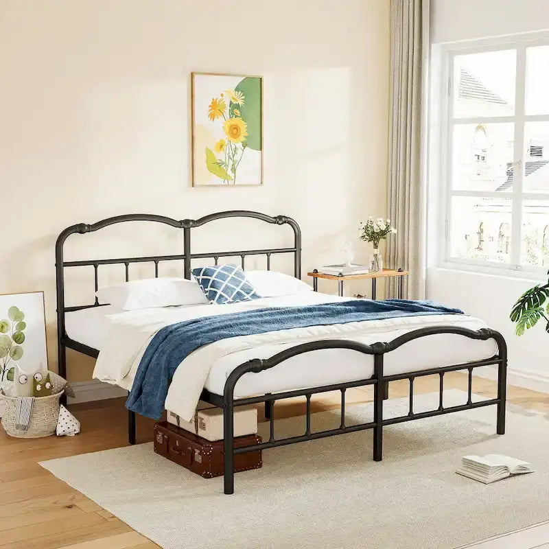 Heavy Duty Anti-Sway 18 Inch High Steel Tube Iron Bed, Double Wave Headboard And Footboard