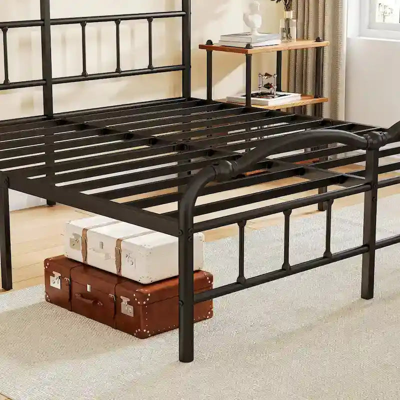 Heavy Duty Anti-Sway 18 Inch High Steel Tube Iron Bed, Double Wave Headboard And Footboard