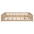 Full Size Wooden Floor Platform Bed with Fence and Door for Kids