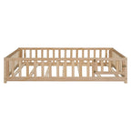 Full Size Wooden Floor Platform Bed with Fence and Door for Kids