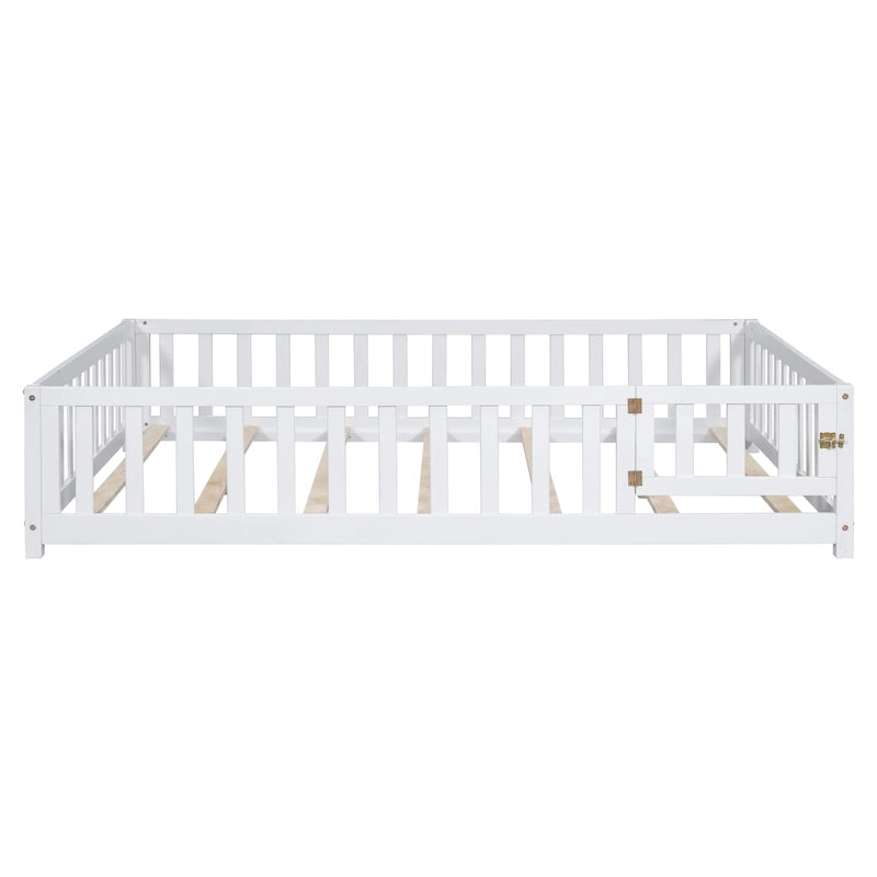 Full Size Wooden Floor Platform Bed with Fence and Door for Kids
