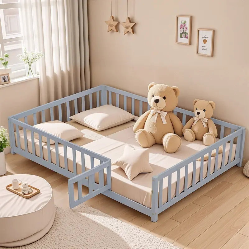 Full Size Wooden Floor Platform Bed with Fence and Door for Kids