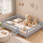 Full Size Wooden Floor Platform Bed with Fence and Door for Kids
