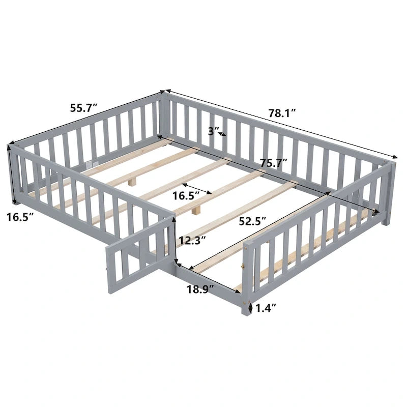 Full Size Wooden Floor Platform Bed with Fence and Door for Kids