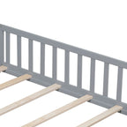 Full Size Wooden Floor Platform Bed with Fence and Door for Kids