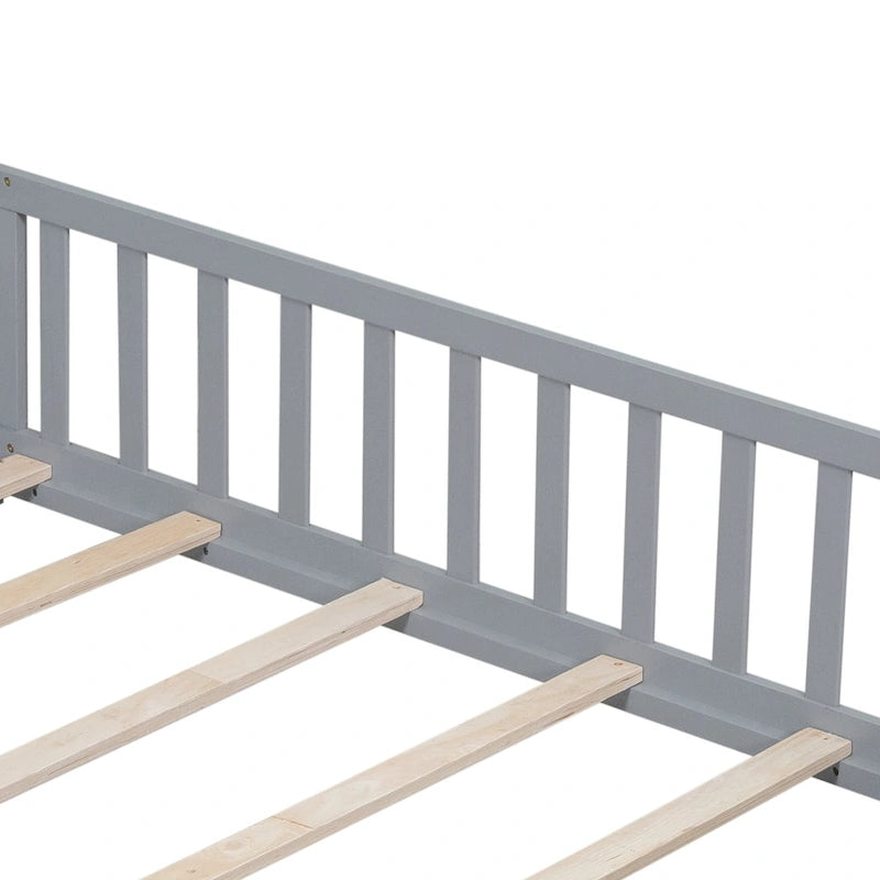 Full Size Wooden Floor Platform Bed with Fence and Door for Kids