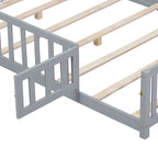 Full Size Wooden Floor Platform Bed with Fence and Door for Kids
