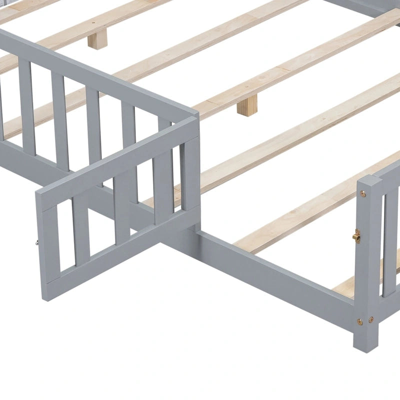 Full Size Wooden Floor Platform Bed with Fence and Door for Kids