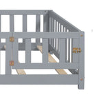 Full Size Wooden Floor Platform Bed with Fence and Door for Kids
