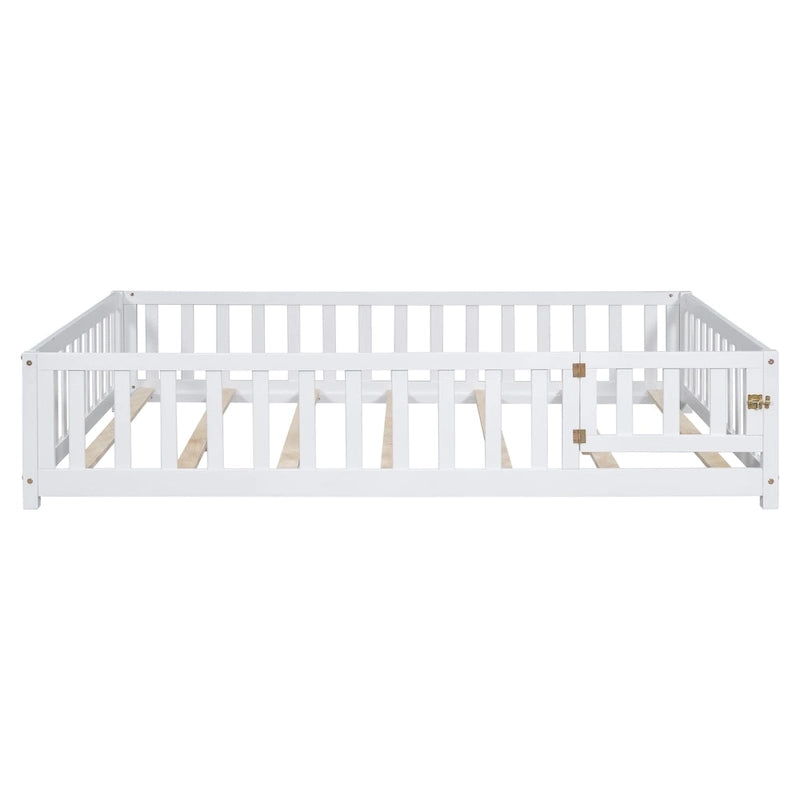 Full Size Wooden Floor Platform Bed with Fence and Door for Kids