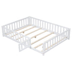 Full Size Wooden Floor Platform Bed with Fence and Door for Kids