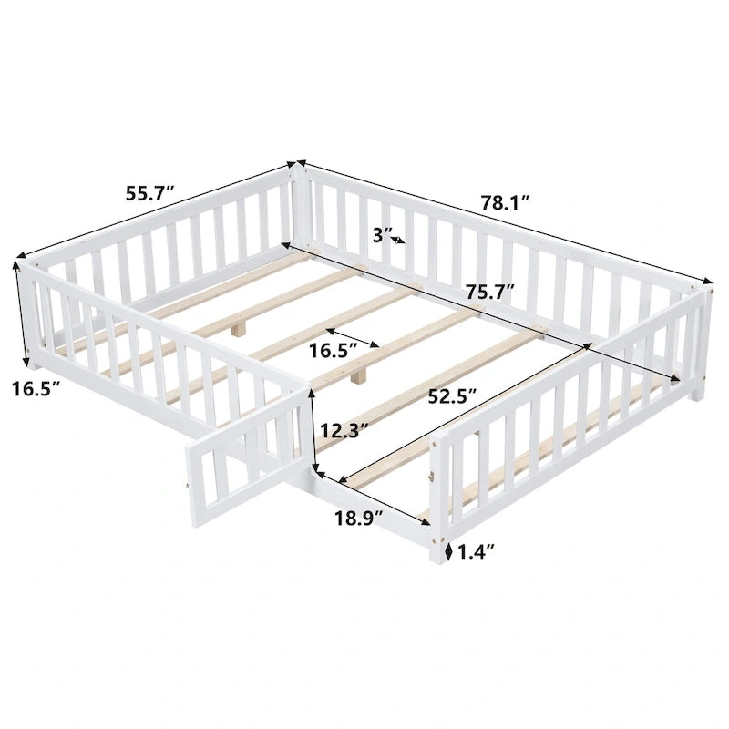 Full Size Wooden Floor Platform Bed with Fence and Door for Kids