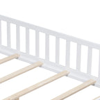Full Size Wooden Floor Platform Bed with Fence and Door for Kids
