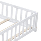 Full Size Wooden Floor Platform Bed with Fence and Door for Kids