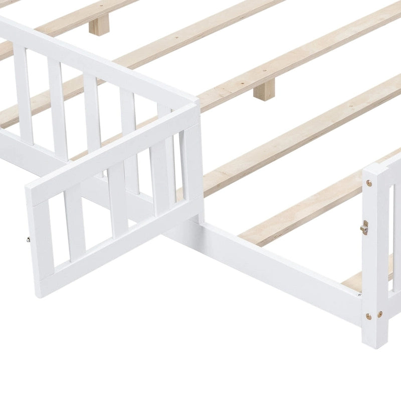 Full Size Wooden Floor Platform Bed with Fence and Door for Kids