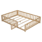 Full Size Wooden Floor Platform Bed with Fence and Door for Kids