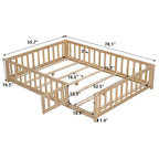 Full Size Wooden Floor Platform Bed with Fence and Door for Kids
