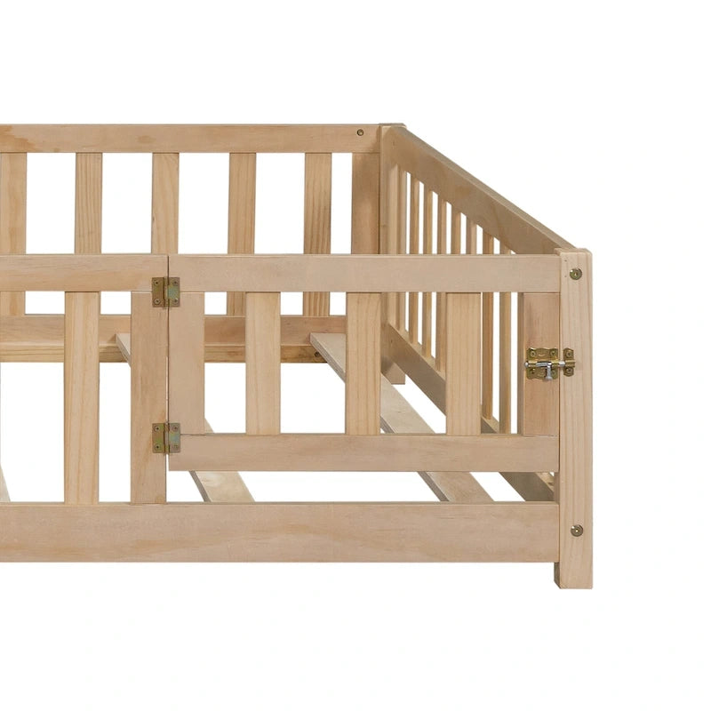 Full Size Wooden Floor Platform Bed with Fence and Door for Kids