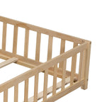 Full Size Wooden Floor Platform Bed with Fence and Door for Kids