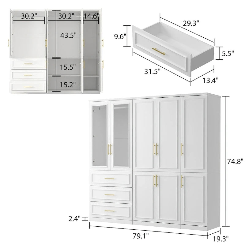 74.8 H Large Modular Wardrobe Cloest Armoire Cabinet Glass Door
