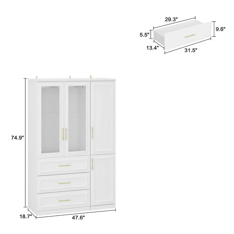 74.8 H Large Modular Wardrobe Cloest Armoire Cabinet Glass Door