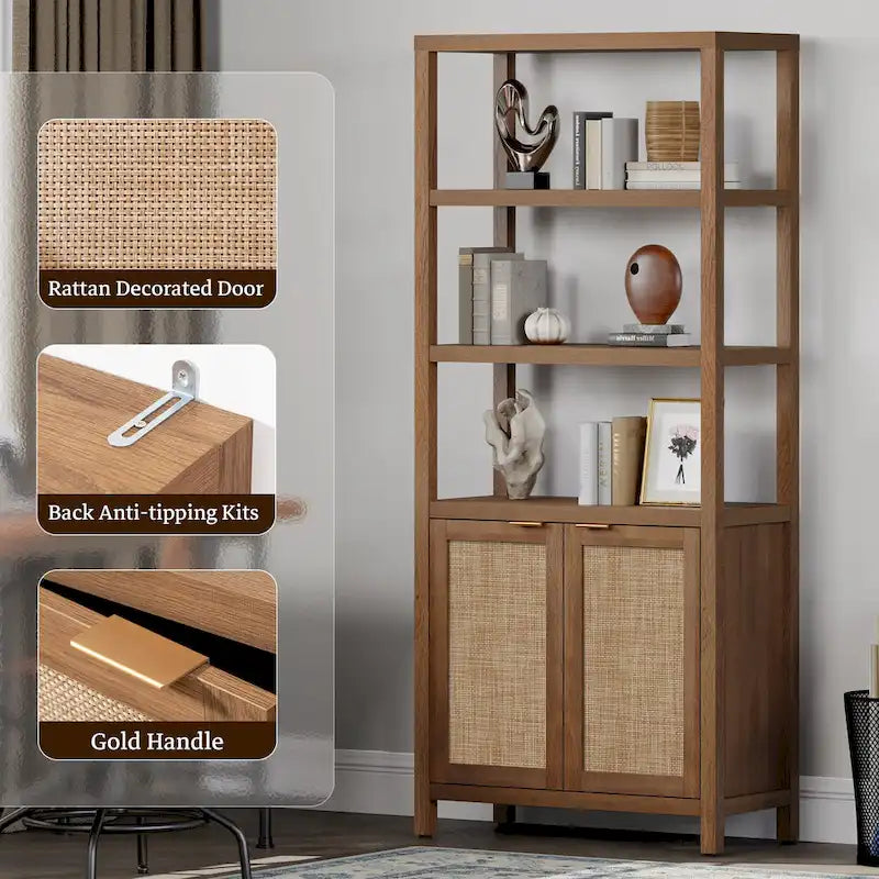 SICOTAS 5 Tier Adjustable Bookshelf with Rattan Storage Cabinet