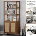 SICOTAS 5 Tier Adjustable Bookshelf with Rattan Storage Cabinet