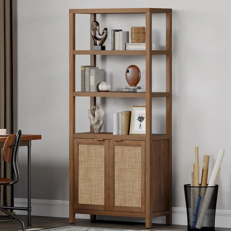 SICOTAS 5 Tier Adjustable Bookshelf with Rattan Storage Cabinet