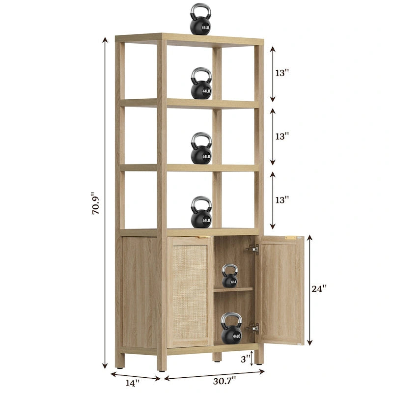 SICOTAS 5 Tier Adjustable Bookshelf with Rattan Storage Cabinet
