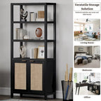 SICOTAS 5 Tier Adjustable Bookshelf with Rattan Storage Cabinet