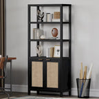 SICOTAS 5 Tier Adjustable Bookshelf with Rattan Storage Cabinet
