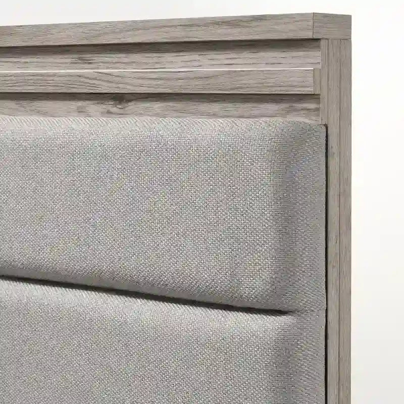 Roundhill Furniture Alvear Upholstered Wood Panel Bed, Dresser, Mirror, 2 Nightstands, and Chest, Weathered Gray