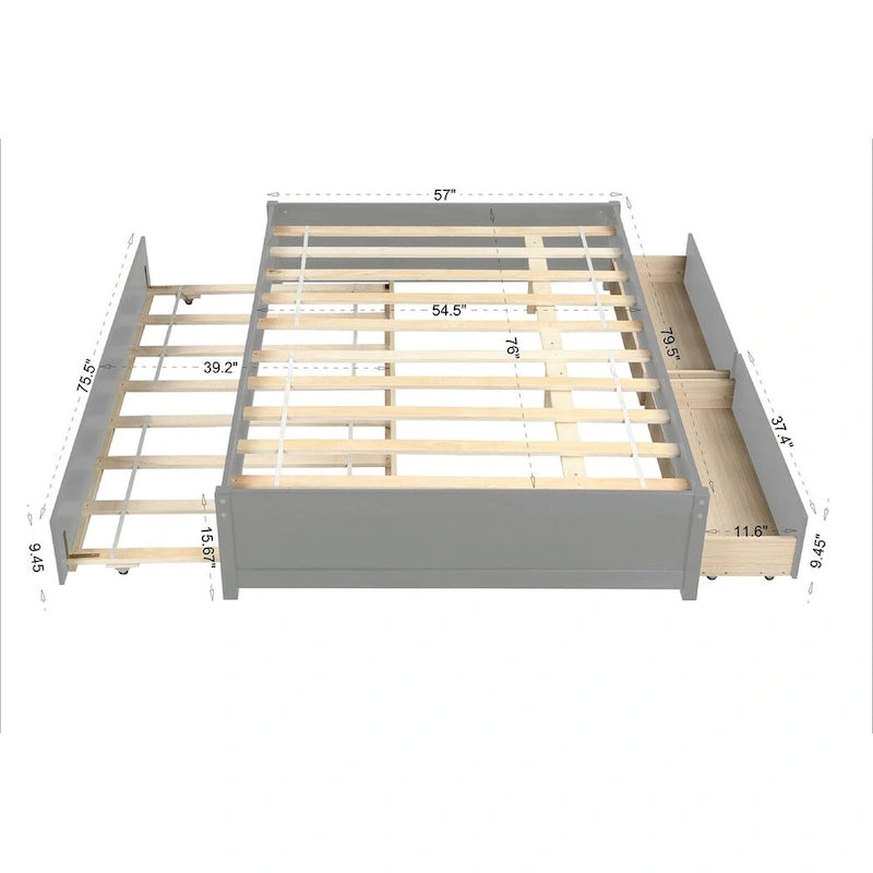 Full Bed Frame With Twin Trundle and 2 Drawers