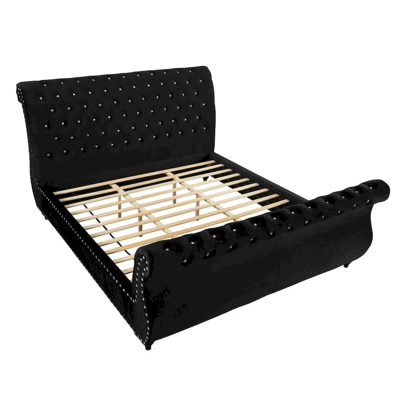 Gracewood Hollow Trivedi Black Velvet Crystal Button-tufted Sleigh Bed