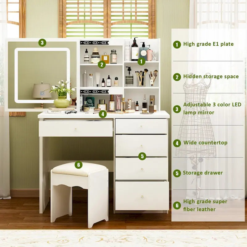 39.4 Wide Makeup Vanity Set with Stool and Touching Light Mirror - 39.4 W