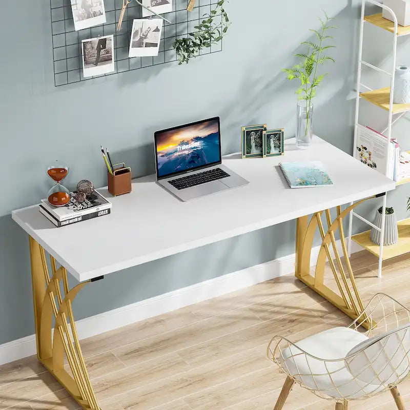 Modern Gold/White Computer Desk, 55 inch Dining Table with Gold Legs, Vanity Table, Conference Table