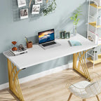 Modern Gold/White Computer Desk, 55 inch Dining Table with Gold Legs, Vanity Table, Conference Table