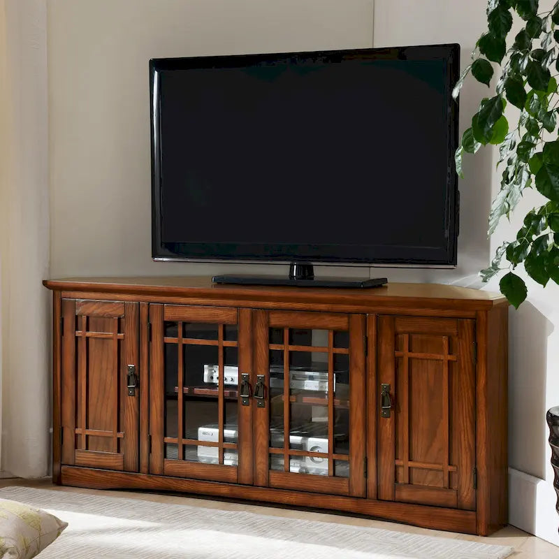 Leick Home Solid Wood Mission Oak Four Door Corner TV Stand