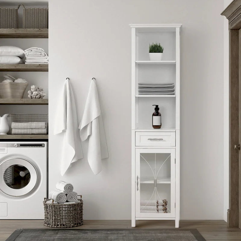 Teamson Home Delaney Freestanding Linen Tower with Open Shelves, Drawer, Cabinet - 13.5L x 17W x 65H