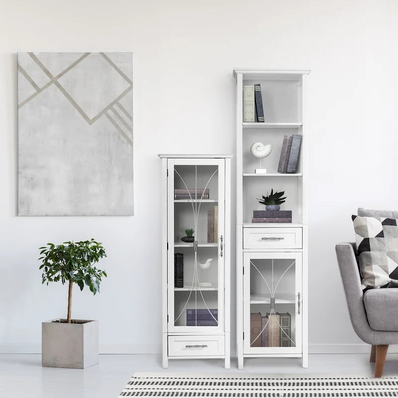 Teamson Home Delaney Freestanding Linen Tower with Open Shelves, Drawer, Cabinet - 13.5L x 17W x 65H