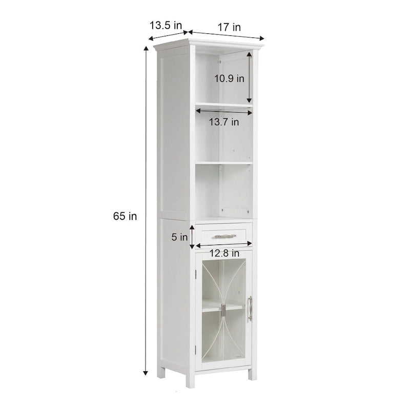 Teamson Home Delaney Freestanding Linen Tower with Open Shelves, Drawer, Cabinet - 13.5L x 17W x 65H