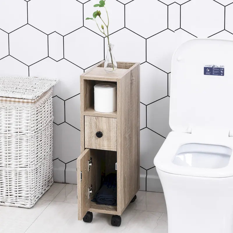kleankin Freestanding Compact Design Bathroom Cabinet with 2 Open Cabinets, 1 Door Cabinet, 1 Drawer and 4 Rolling Wheels