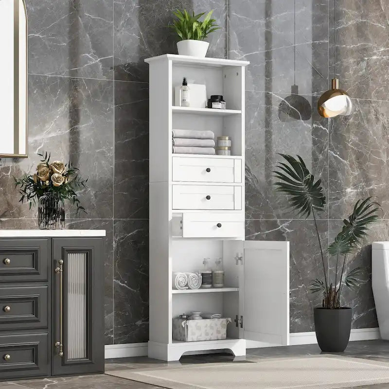 Tall Storage Cabinet with 3 Drawers and Shelves