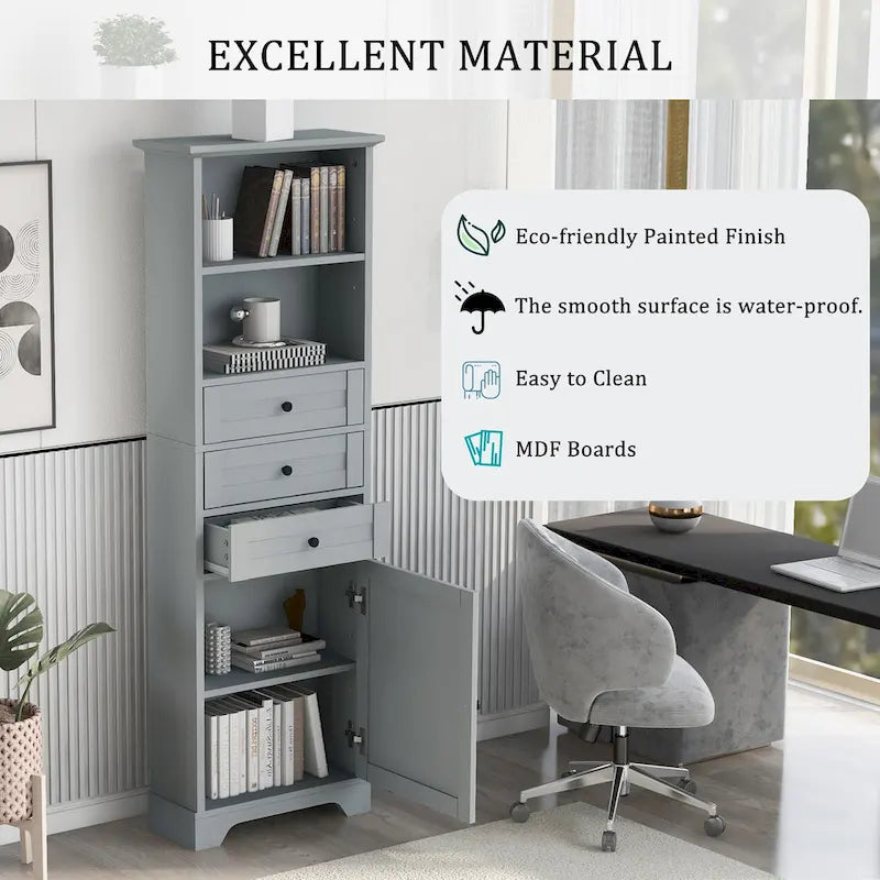 Tall Storage Cabinet with 3 Drawers and Shelves
