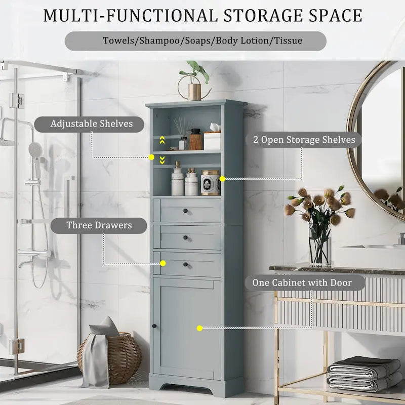 Tall Storage Cabinet with 3 Drawers and Shelves