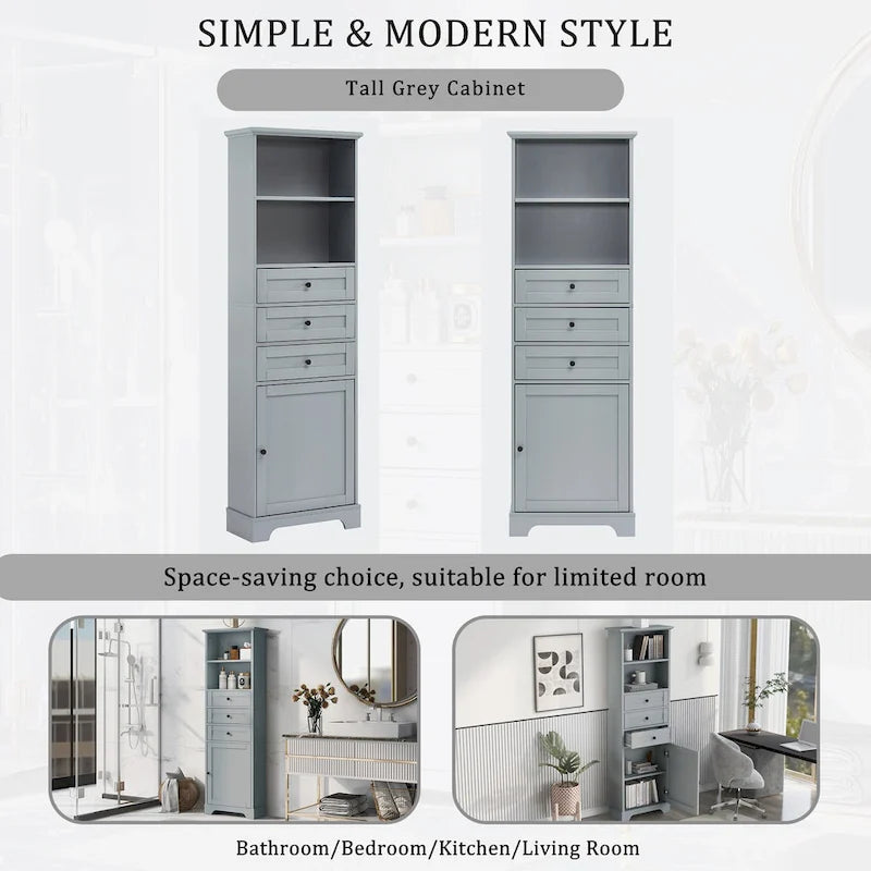 Tall Storage Cabinet with 3 Drawers and Shelves