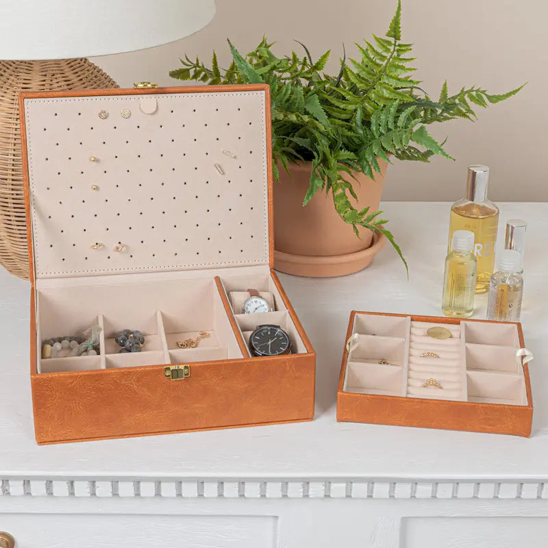 Household Essentials Vegan Leather 2-Layer Jewelry Organizer Box with Clasp Closure - 9.3 L x 7.3 W x 3.8 H