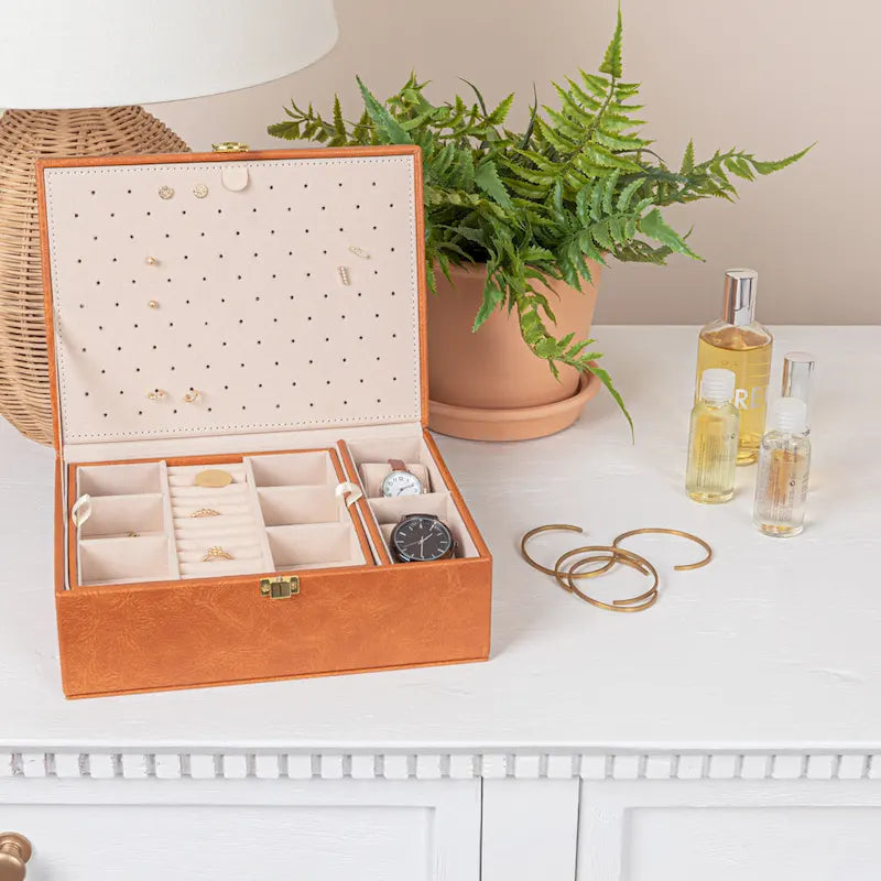 Household Essentials Vegan Leather 2-Layer Jewelry Organizer Box with Clasp Closure - 9.3 L x 7.3 W x 3.8 H
