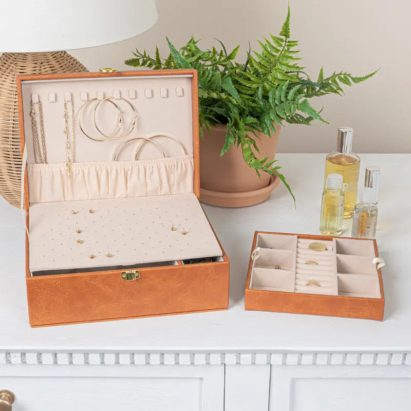 Household Essentials Vegan Leather 2-Layer Jewelry Organizer Box with Clasp Closure - 9.3 L x 7.3 W x 3.8 H