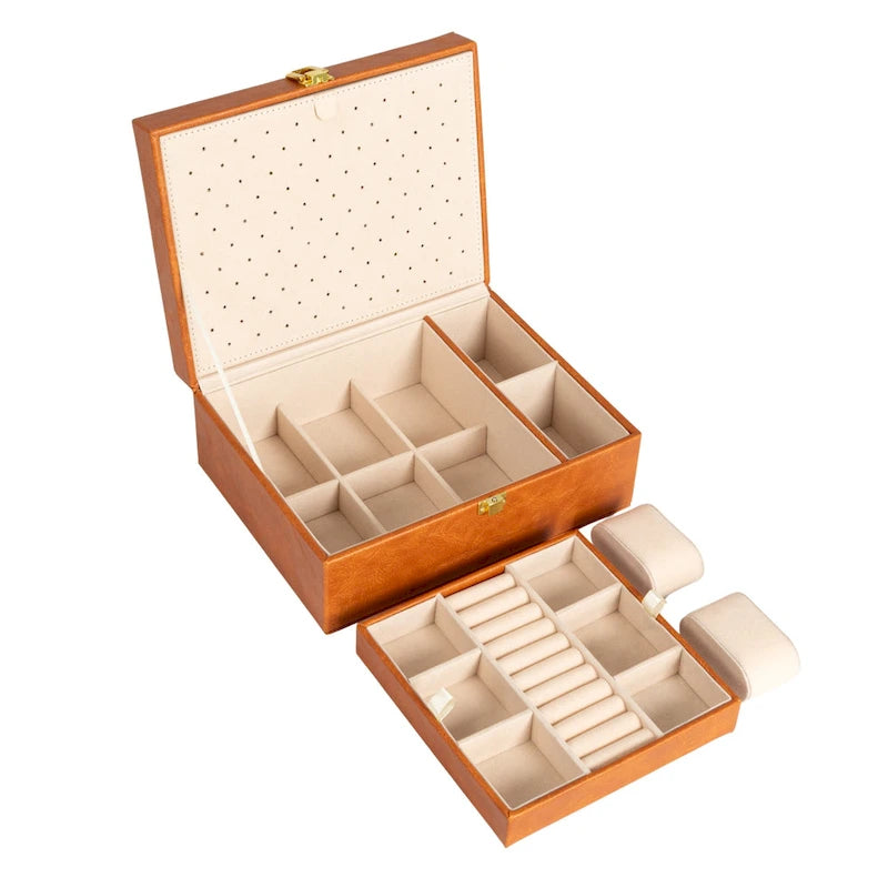 Household Essentials Vegan Leather 2-Layer Jewelry Organizer Box with Clasp Closure - 9.3 L x 7.3 W x 3.8 H